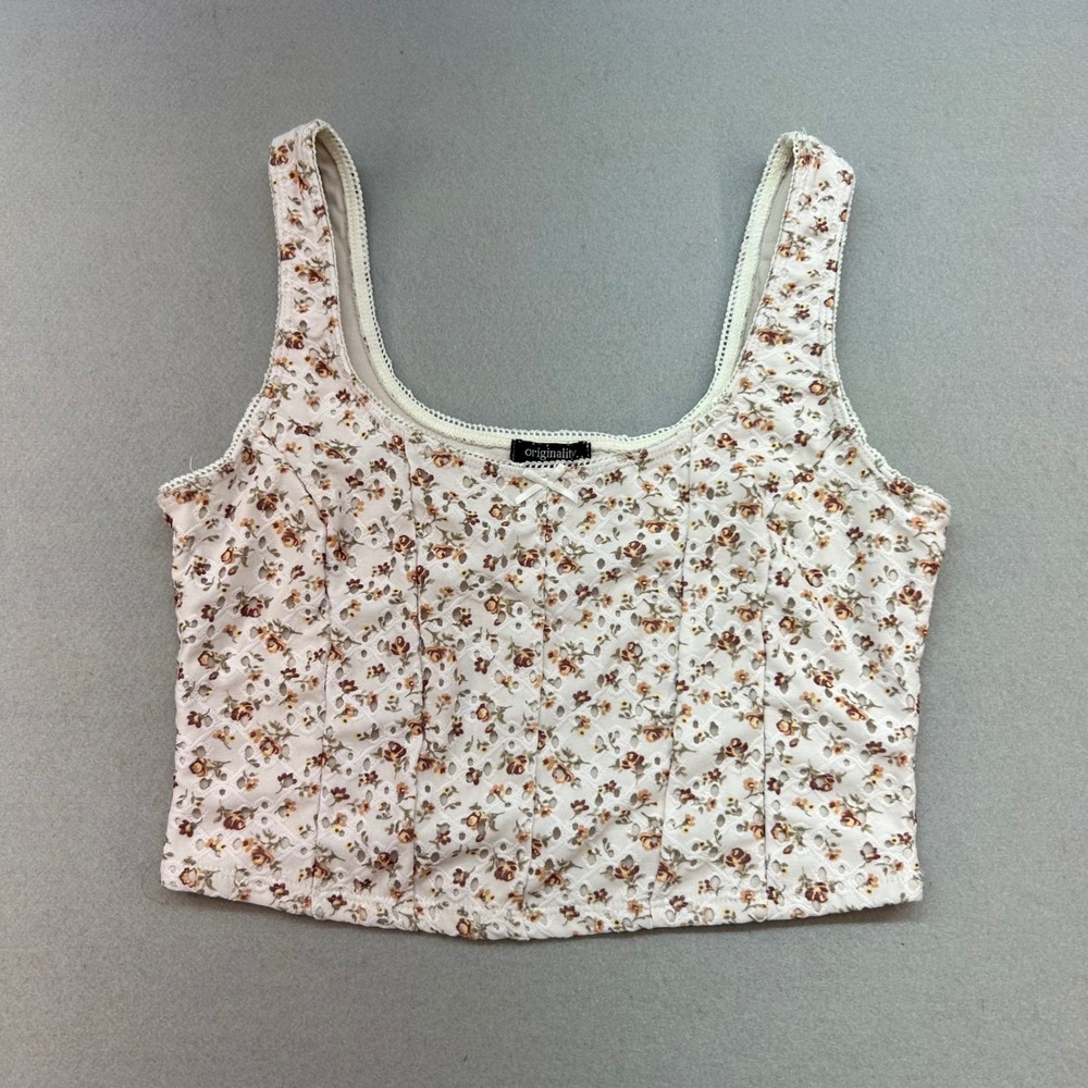 Originality Floral Eyelet Corset Tank Top Cream Lace Trim Medium